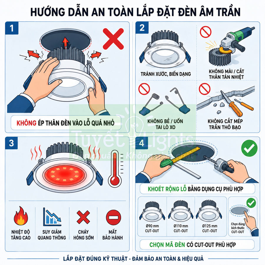 Hướng dẫn an toàn lắp đặt đèn LED âm trần, cách khoét lỗ và chọn kích thước đèn phù hợp