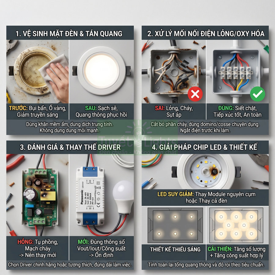 Hướng dẫn bảo dưỡng và sửa chữa đèn LED âm trần với các bước vệ sinh, xử lý dây điện, thay driver và chip LED