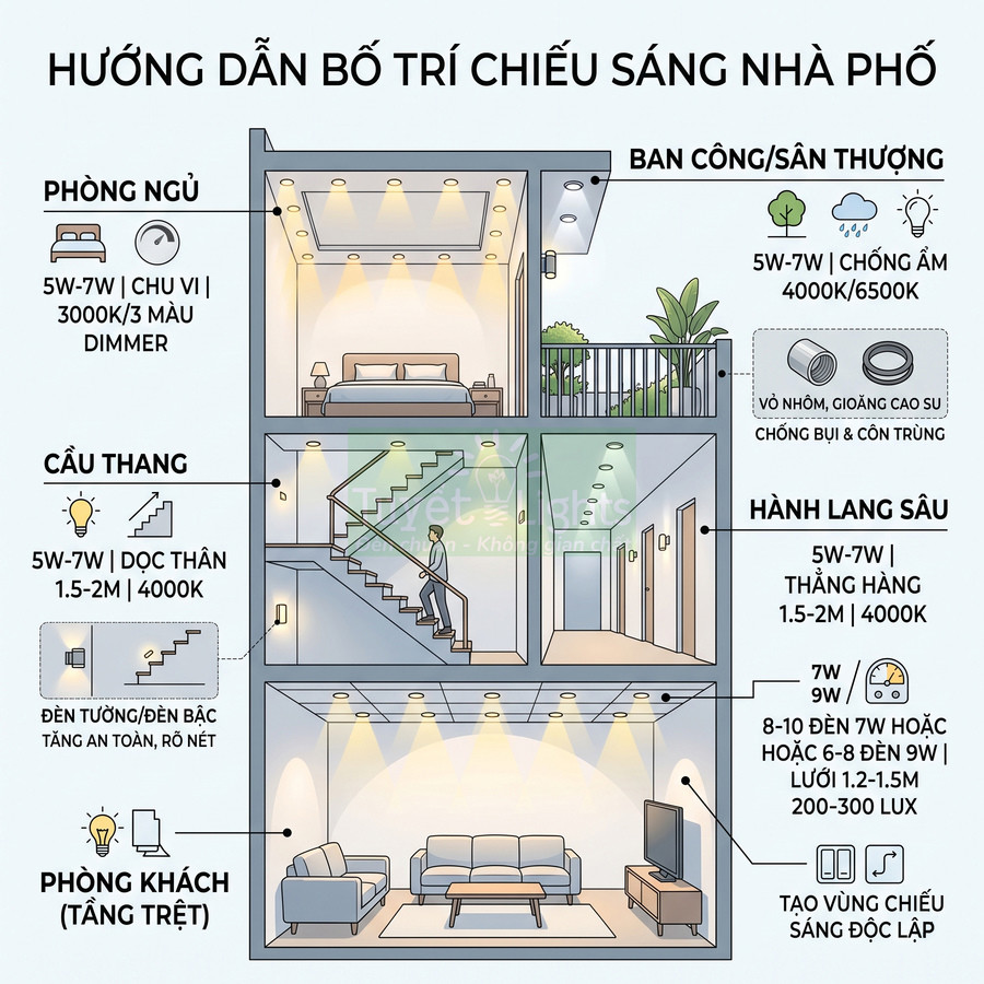 Sơ đồ bố trí đèn LED chiếu sáng cho phòng khách, phòng ngủ, cầu thang, hành lang và ban công nhà phố