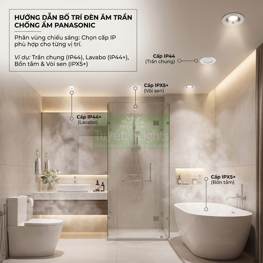 Hướng dẫn bố trí đèn âm trần chống ẩm Panasonic trong phòng tắm hiện đại với bồn tắm và buồng tắm kính