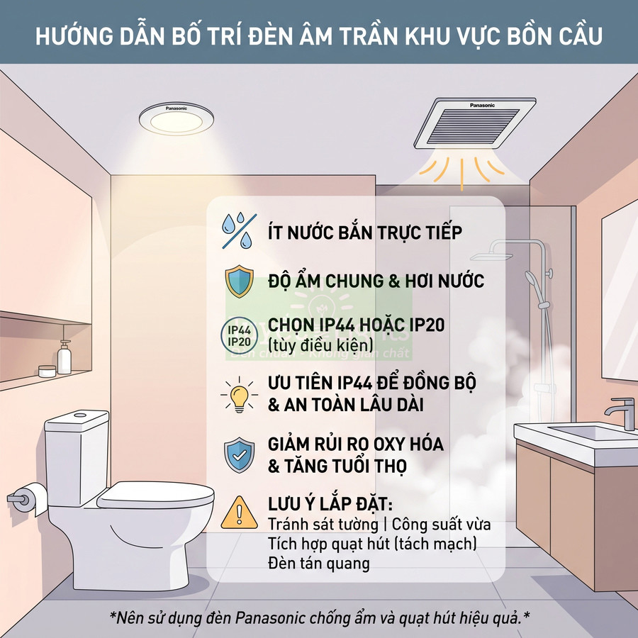 Hướng dẫn bố trí đèn âm trần Panasonic và quạt hút trong phòng tắm khu vực bồn cầu