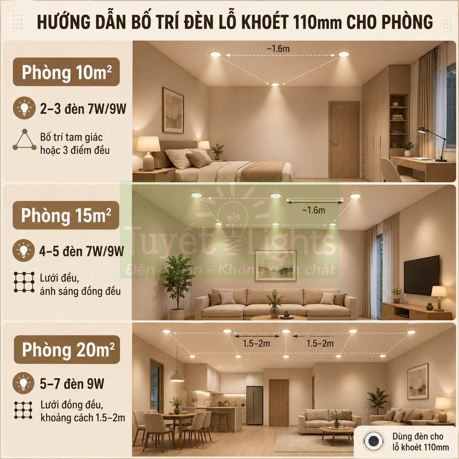 Hướng dẫn bố trí đèn âm trần lỗ khoét 110mm cho phòng 10m2 15m2 20m2