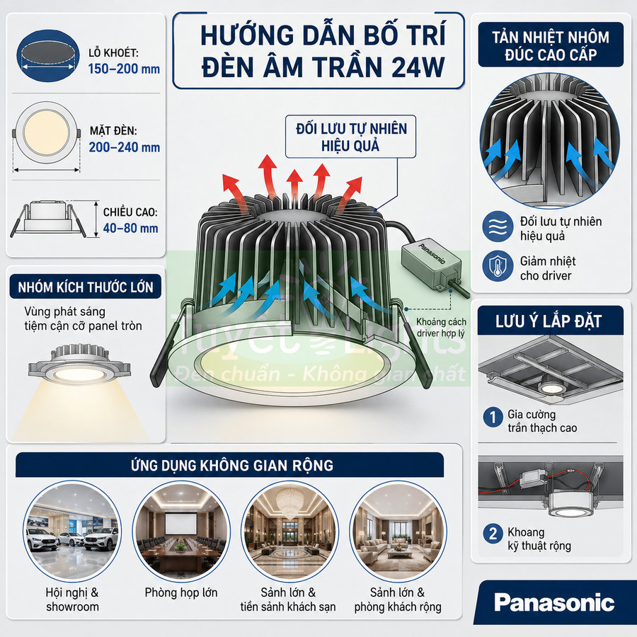 Đèn âm trần Panasonic 24W tản nhiệt nhôm đúc, hướng dẫn lắp đặt và ứng dụng cho không gian rộng