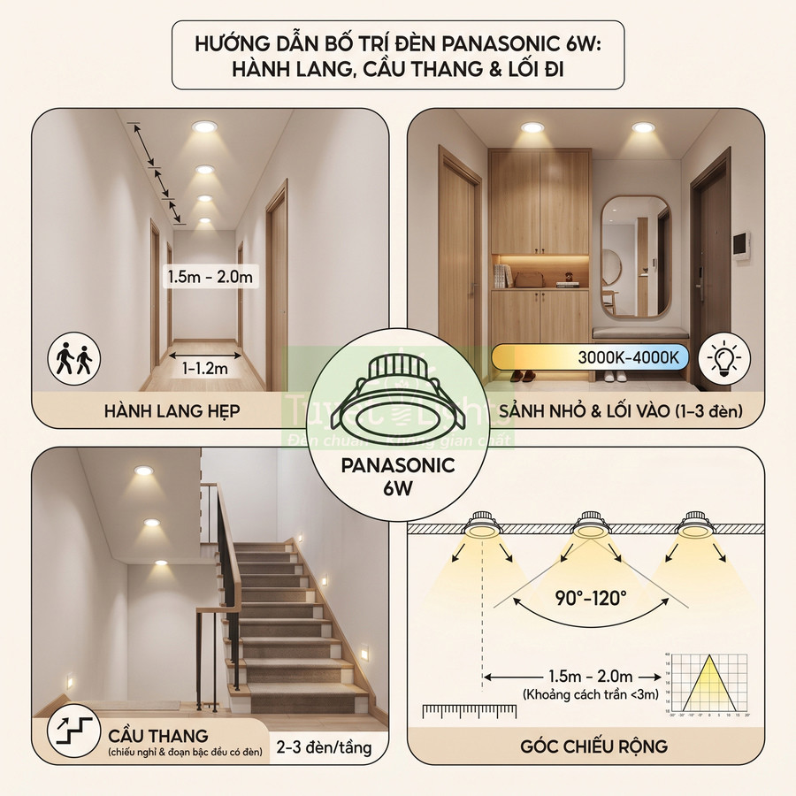 Hướng dẫn bố trí đèn âm trần Panasonic 6W cho hành lang, cầu thang, sảnh nhỏ và lối đi trong nhà