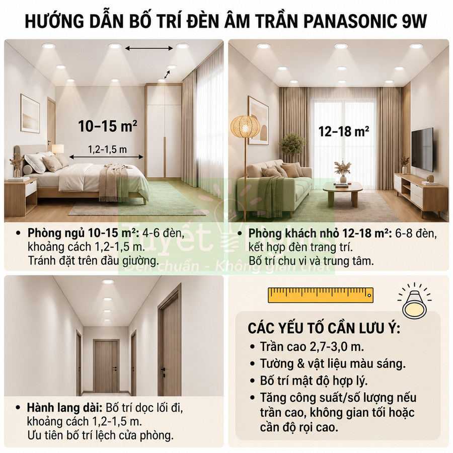 Hướng dẫn bố trí đèn âm trần Panasonic 9W cho phòng ngủ, phòng khách nhỏ và hành lang nhà ở