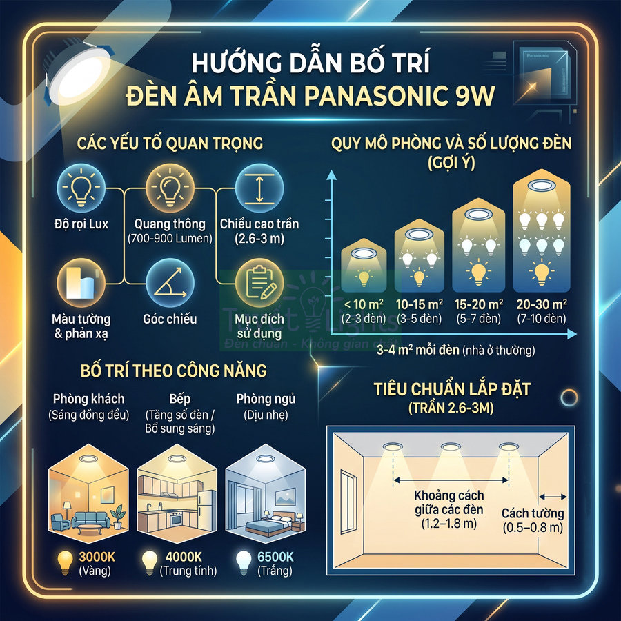 Đèn âm trần Panasonic 9W phù hợp phòng bao nhiêu mét vuông?