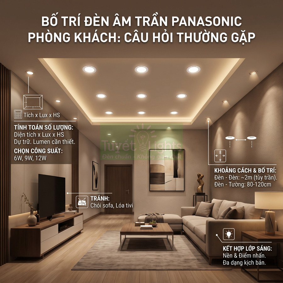 Bố trí đèn âm trần Panasonic cho phòng khách hiện đại với sofa, kệ tivi và ánh sáng trần ấm áp