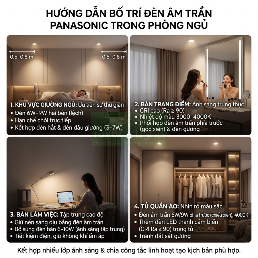 Hướng dẫn bố trí đèn âm trần Panasonic trong phòng ngủ với giường ngủ, bàn trang điểm, bàn làm việc và tủ quần áo