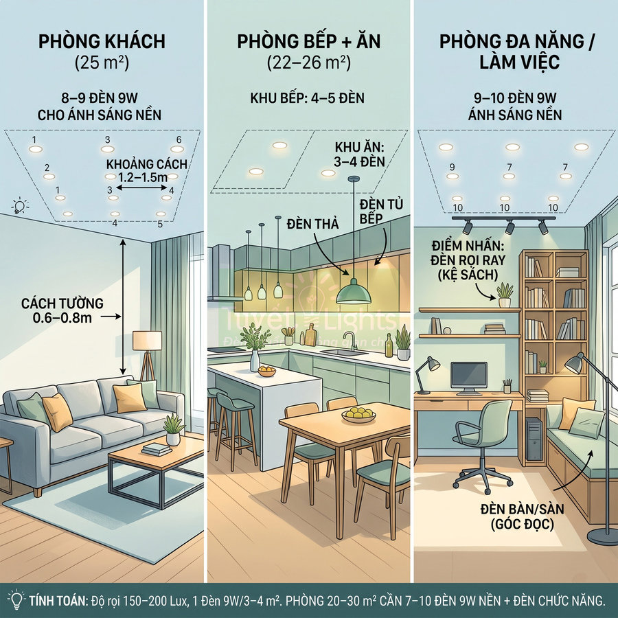 Minh họa bố trí đèn LED âm trần 9W cho phòng khách, bếp ăn và phòng làm việc trong căn hộ hiện đại
