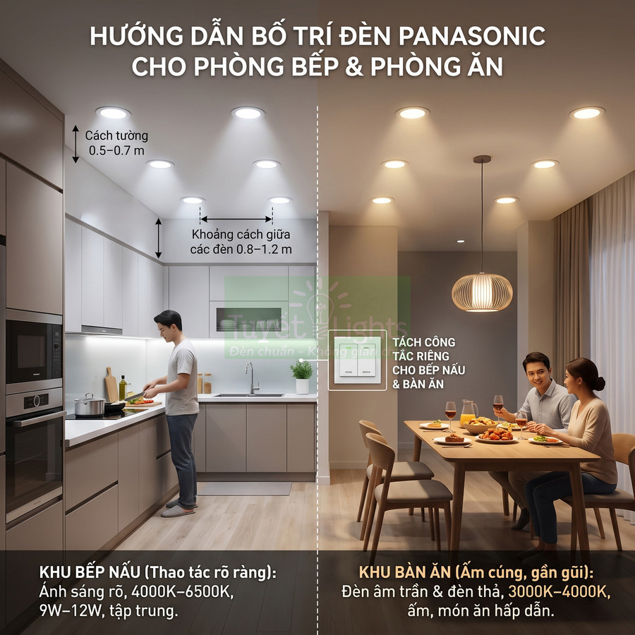 Hướng dẫn bố trí đèn Panasonic cho phòng bếp và phòng ăn với ánh sáng riêng cho khu nấu và bàn ăn