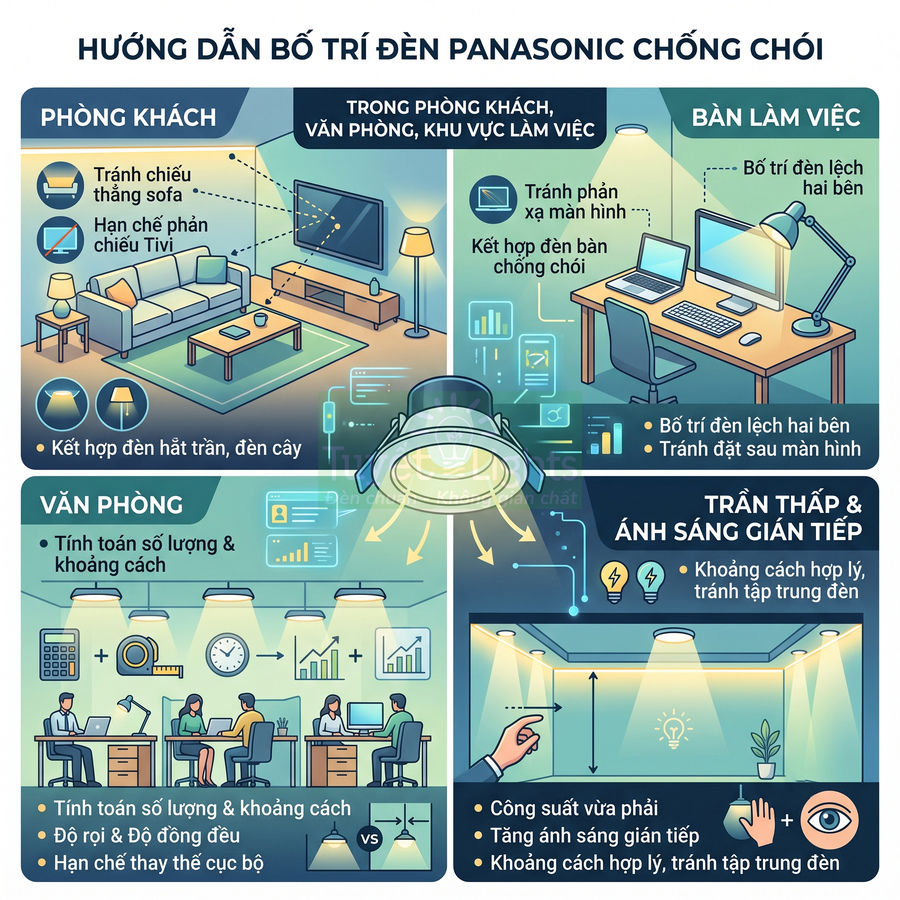 Hướng dẫn bố trí đèn Panasonic chống chói cho phòng khách, bàn làm việc, văn phòng và trần thấp