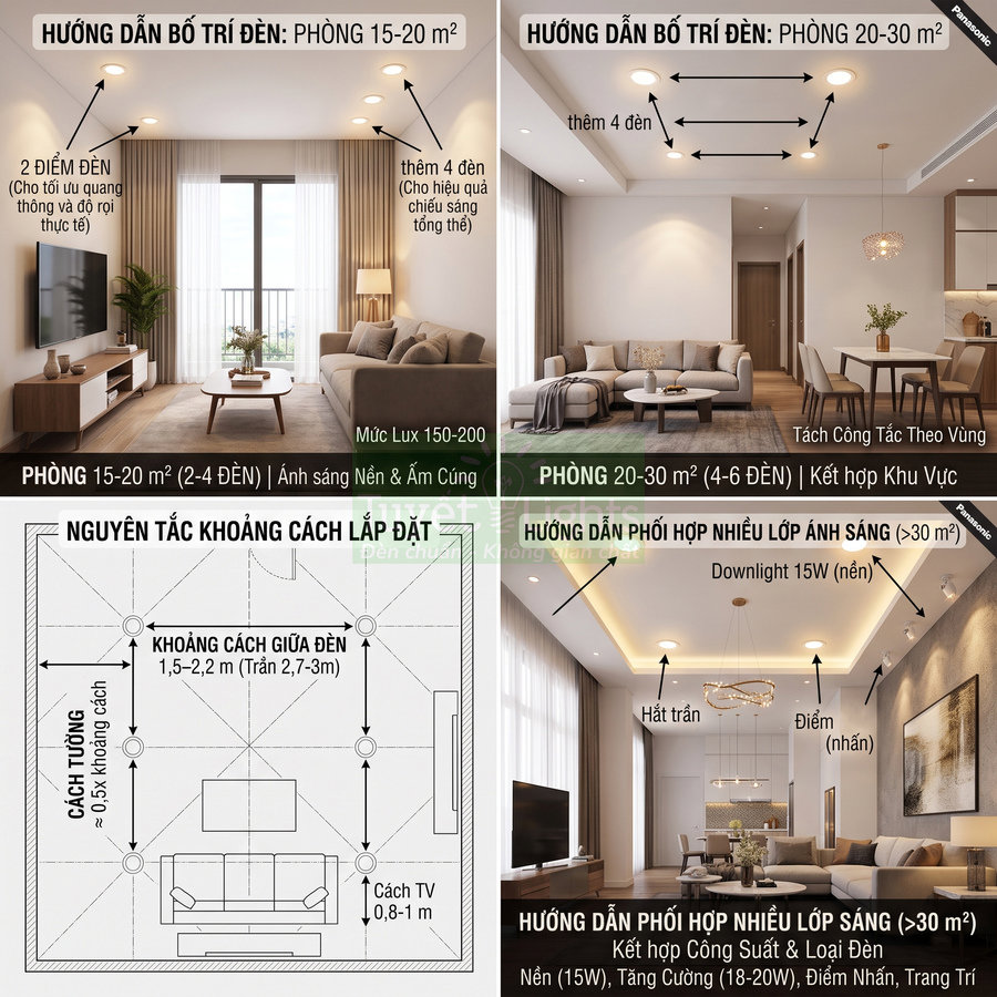 Hướng dẫn bố trí đèn trần downlight cho phòng khách hiện đại với nhiều kích thước diện tích khác nhau