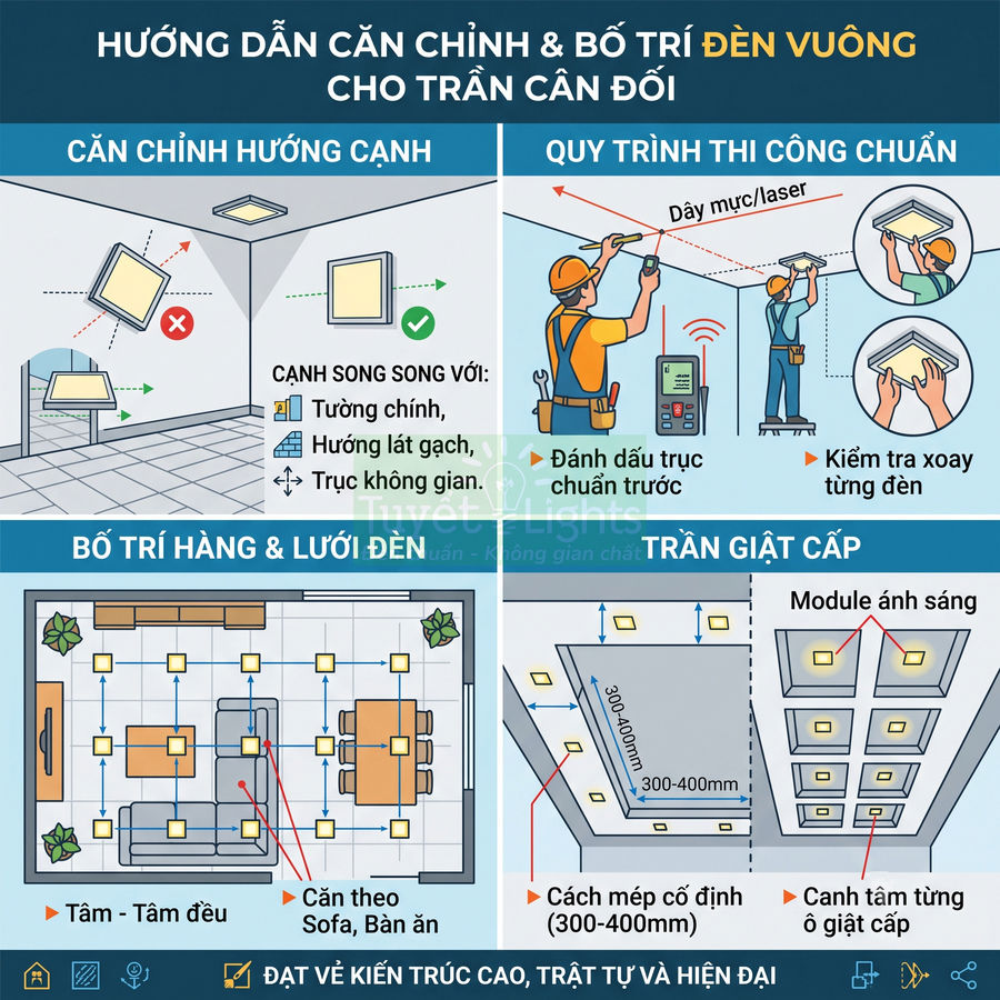 Hướng dẫn bố trí và lắp đặt đèn vuông âm trần cho phòng khách và trần giật cấp hiện đại