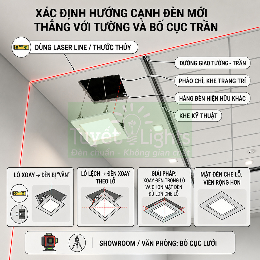 Hướng dẫn lắp đặt đèn âm trần vuông trong trần thạch cao bằng laser line cho showroom văn phòng