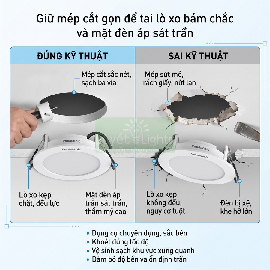 Đèn led âm trần Panasonic và hướng dẫn cắt lỗ trần đúng kỹ thuật để lò xo kẹp chặt, đèn áp sát trần