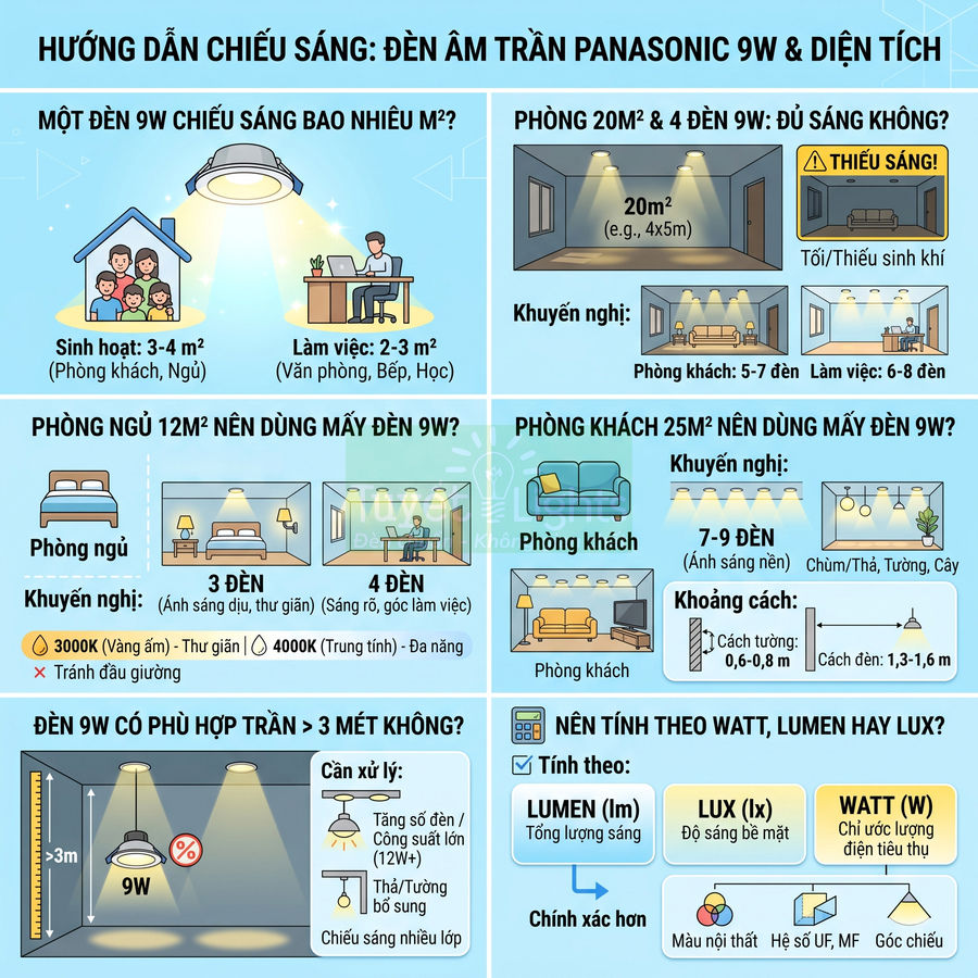 Hướng dẫn chiếu sáng đèn âm trần Panasonic 9W cho phòng ngủ, phòng khách theo diện tích và số lượng đèn