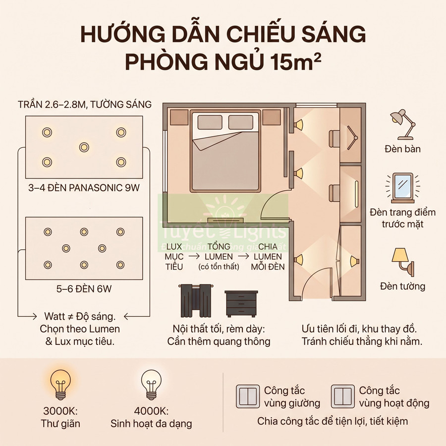 Phòng ngủ 15m2 cần bao nhiêu đèn âm trần Panasonic?