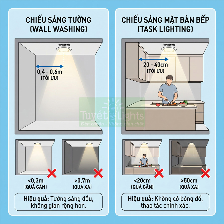 Hướng dẫn lắp đèn âm trần Panasonic chiếu sáng tường và mặt bàn bếp với khoảng cách tối ưu