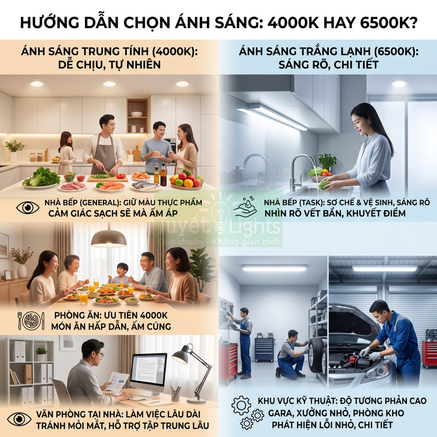 Hướng dẫn chọn nhiệt độ màu đèn LED 4000K và 6500K cho nhà bếp, phòng ăn, văn phòng và khu vực kỹ thuật