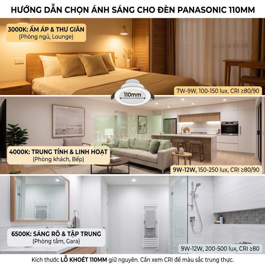 Hướng dẫn chọn nhiệt độ màu cho đèn âm trần Panasonic 110mm cho phòng ngủ, phòng khách, bếp, phòng tắm