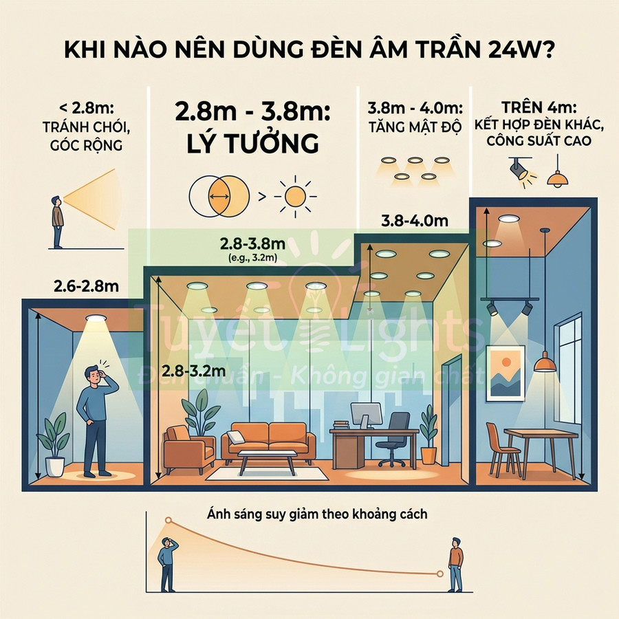 Hướng dẫn chọn chiều cao trần nhà phù hợp khi lắp đèn âm trần 24W cho phòng khách và văn phòng