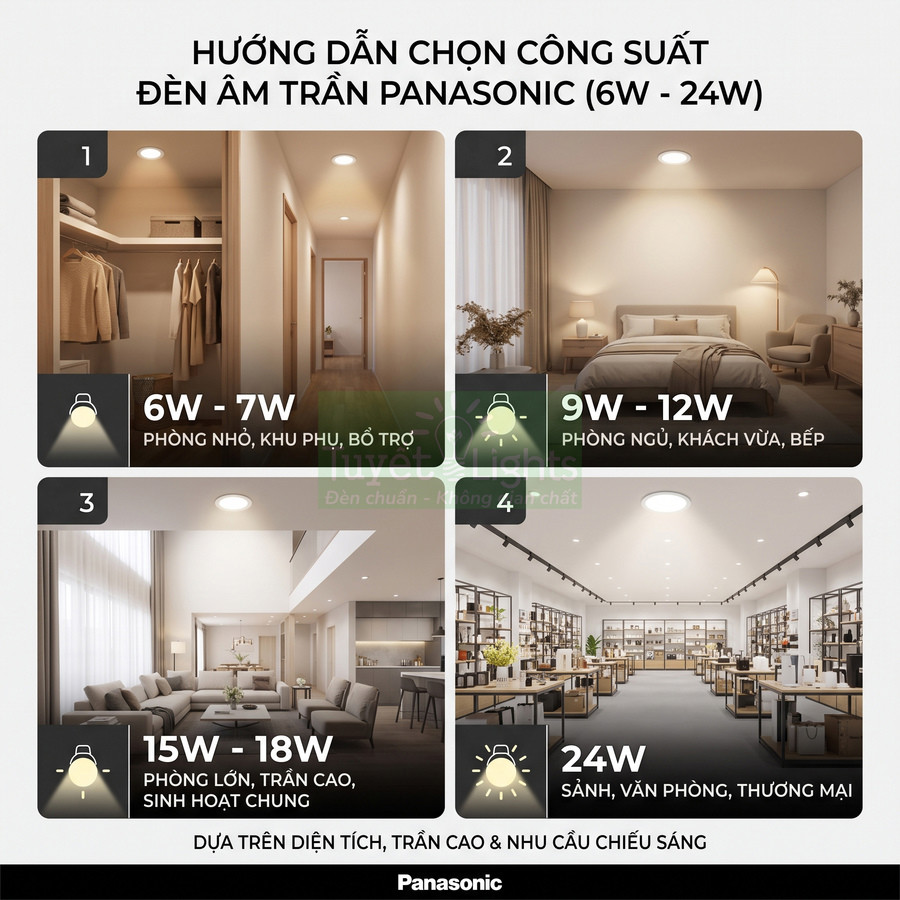 Hướng dẫn chọn công suất đèn âm trần Panasonic 6W đến 24W cho từng loại phòng và không gian
