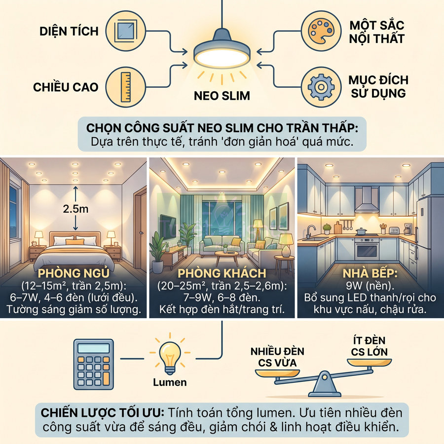 Hướng dẫn chọn công suất đèn LED âm trần Neo Slim cho phòng ngủ, phòng khách và nhà bếp trần thấp