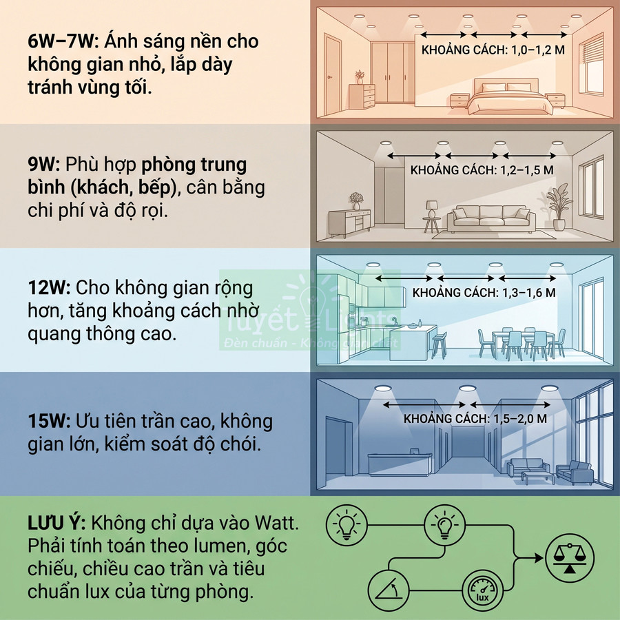 Hướng dẫn chọn công suất và khoảng cách lắp đèn LED âm trần 6W đến 15W cho từng không gian phòng