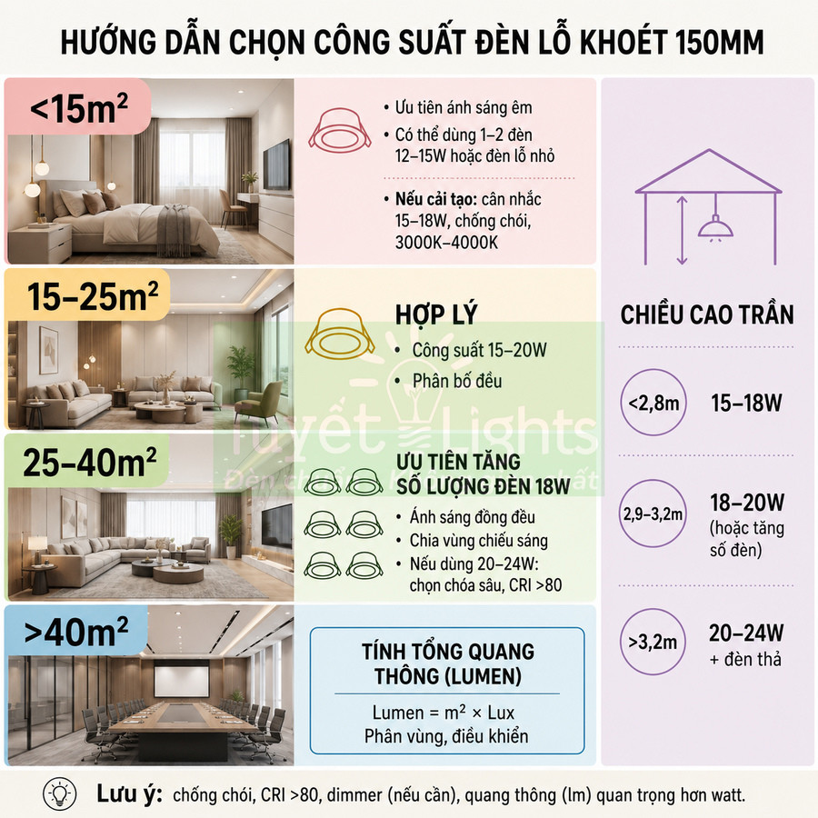 Hướng dẫn chọn công suất đèn âm trần lỗ khoét 150mm theo diện tích phòng và chiều cao trần