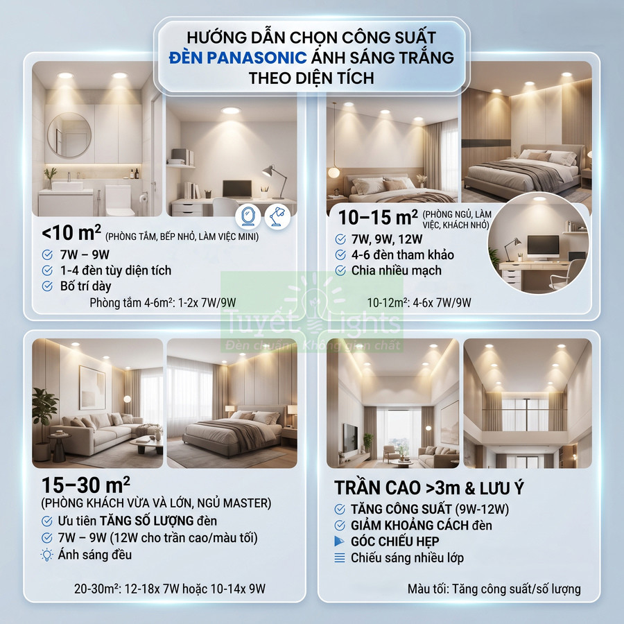 Hướng dẫn chọn công suất đèn LED Panasonic ánh sáng trắng theo diện tích phòng và chiều cao trần