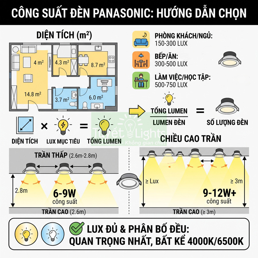 Hướng dẫn chọn công suất đèn LED âm trần Panasonic theo diện tích phòng và chiều cao trần