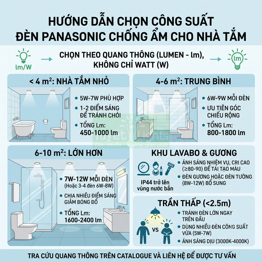 Hướng dẫn chọn công suất đèn Panasonic chống ẩm cho nhà tắm theo diện tích và khu vực sử dụng