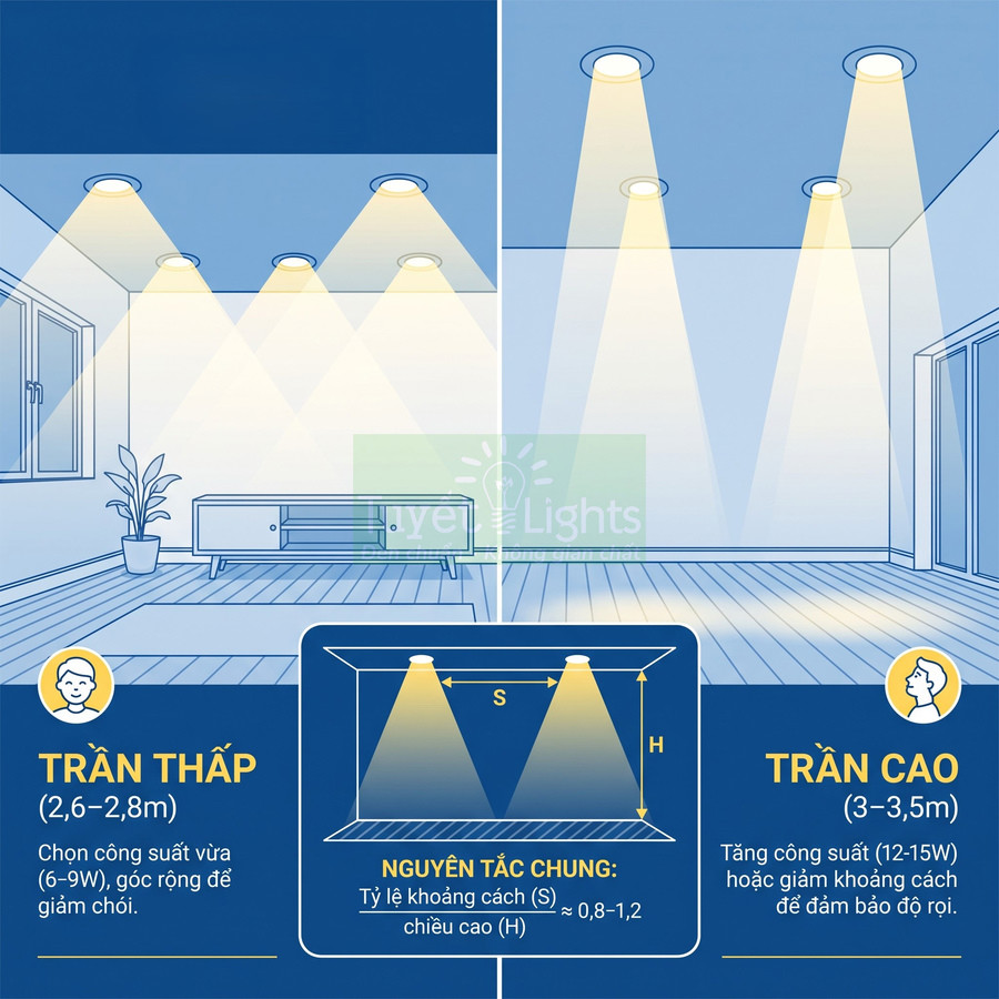Minh họa cách bố trí đèn âm trần cho trần thấp và trần cao trong phòng khách hiện đại