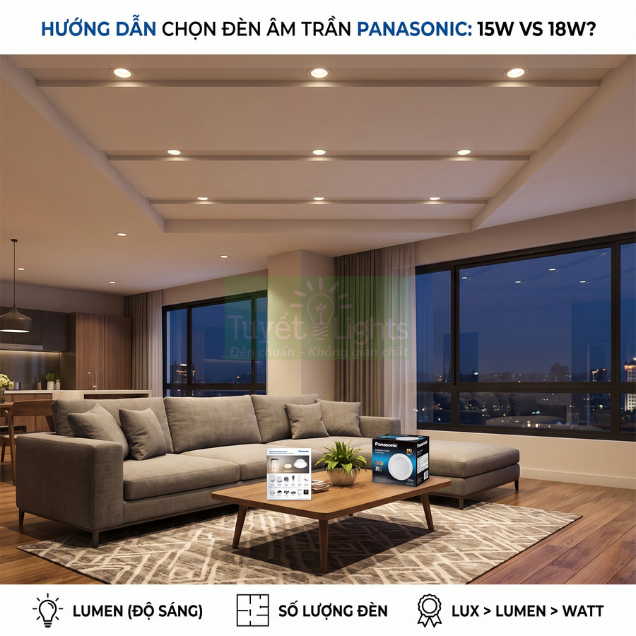Đèn âm trần Panasonic chiếu sáng phòng khách hiện đại với hộp sản phẩm đặt trên bàn trà