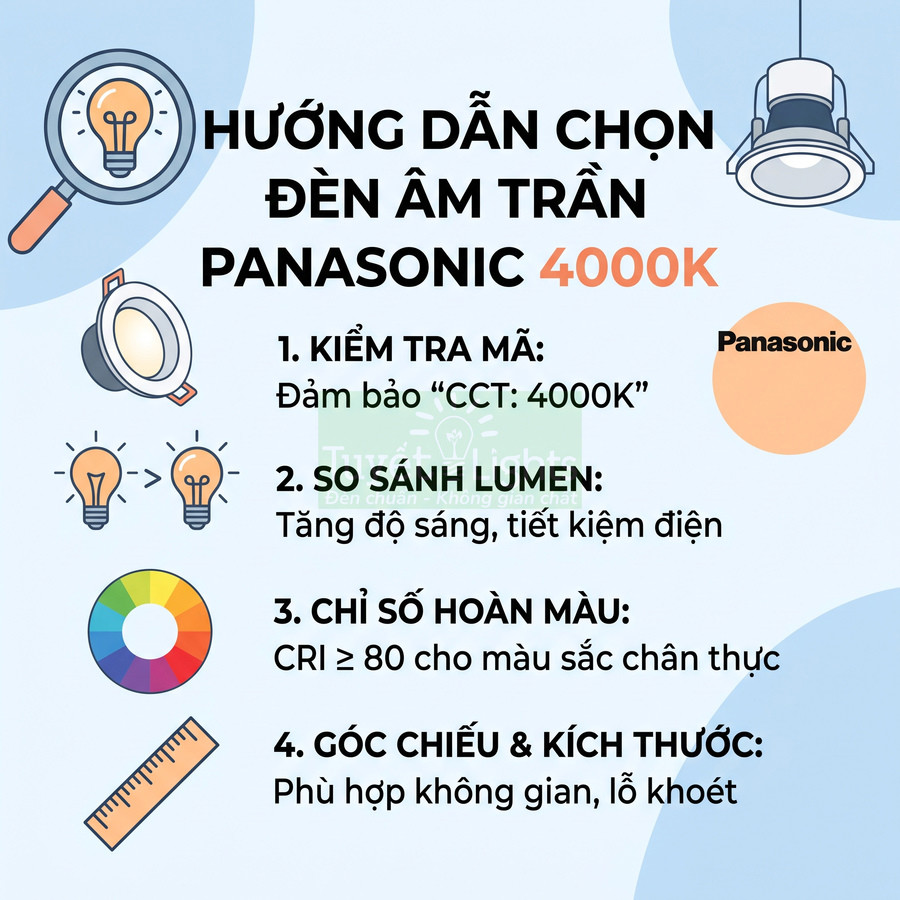 Hướng dẫn chọn đèn âm trần Panasonic 4000K với các tiêu chí mã CCT, lumen, CRI và góc chiếu kích thước