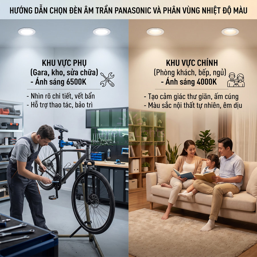 Hướng dẫn chọn đèn âm trần Panasonic 6500K cho gara và 4000K cho phòng khách gia đình