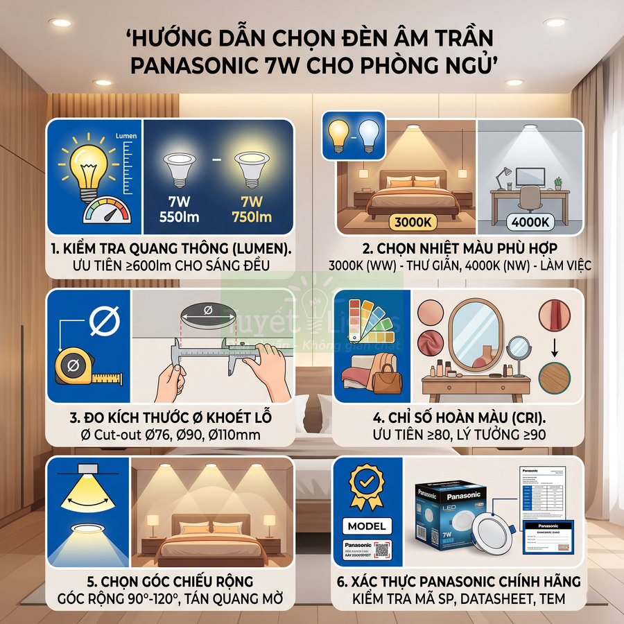 Hướng dẫn chọn đèn âm trần Panasonic 7W cho phòng ngủ với các tiêu chí quang thông, nhiệt màu, góc chiếu và kiểm tra chính hãng