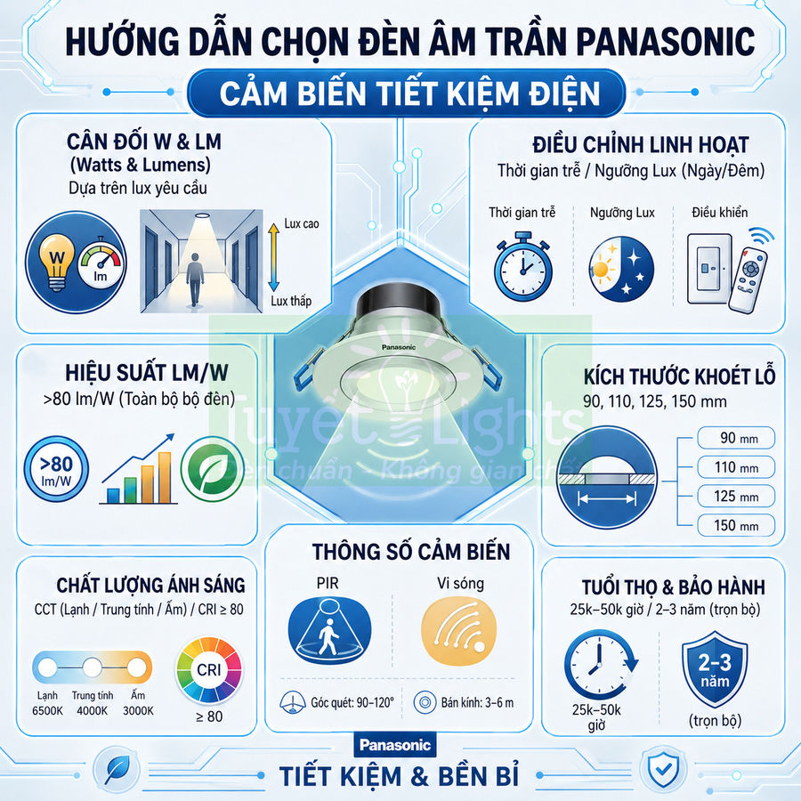 Hướng dẫn chọn đèn âm trần cảm biến tiết kiệm điện Panasonic với thông số kỹ thuật và kích thước khoét lỗ