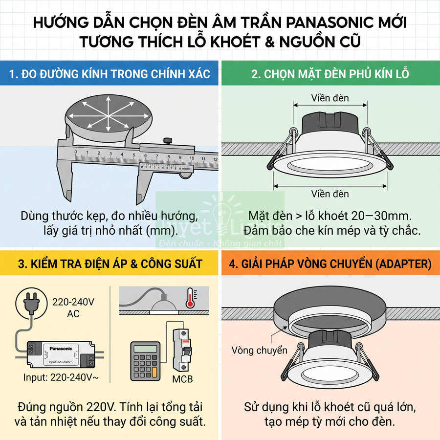 Hướng dẫn chọn đèn âm trần Panasonic mới tương thích lỗ khoét và nguồn điện cũ