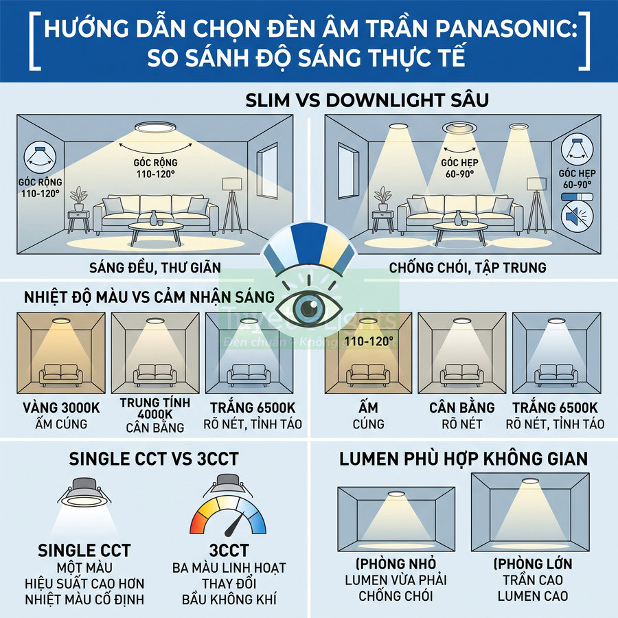 Hướng dẫn chọn đèn âm trần Panasonic, so sánh độ sáng, nhiệt độ màu và lumen cho từng không gian