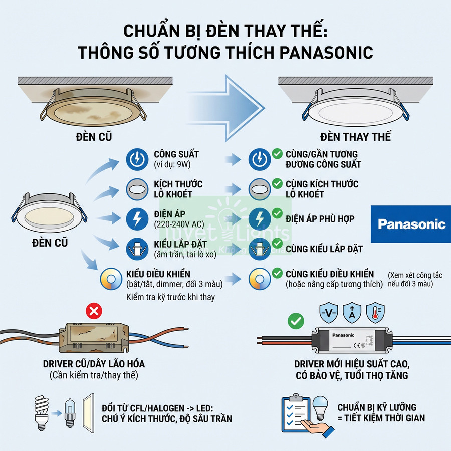 Hướng dẫn chọn đèn LED âm trần Panasonic thay thế đèn cũ với driver mới hiệu suất cao