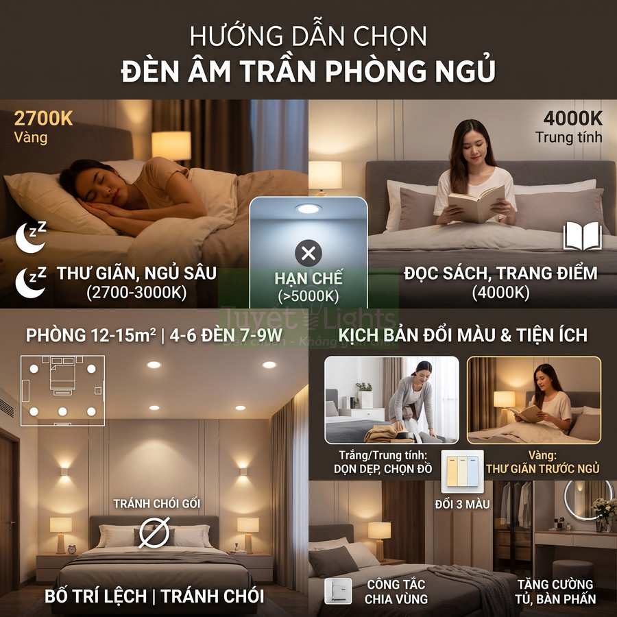 Hướng dẫn chọn đèn âm trần phòng ngủ với nhiệt độ màu 2700K đến 4000K và cách bố trí tránh chói