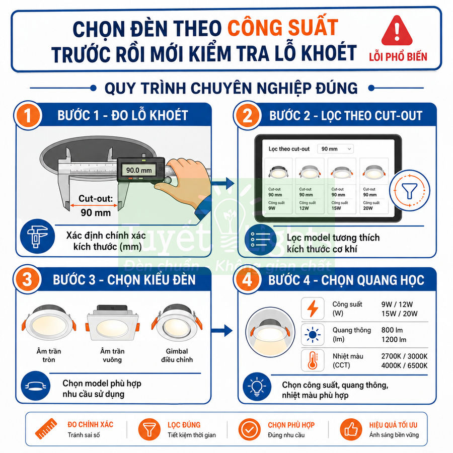Hướng dẫn chọn đèn âm trần LED theo công suất, kích thước lỗ khoét và kiểu dáng lắp đặt