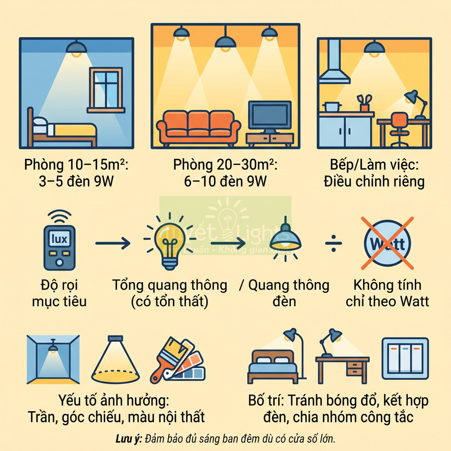 Hướng dẫn bố trí đèn chiếu sáng theo diện tích phòng, độ rọi mục tiêu và cách sắp xếp đèn nội thất
