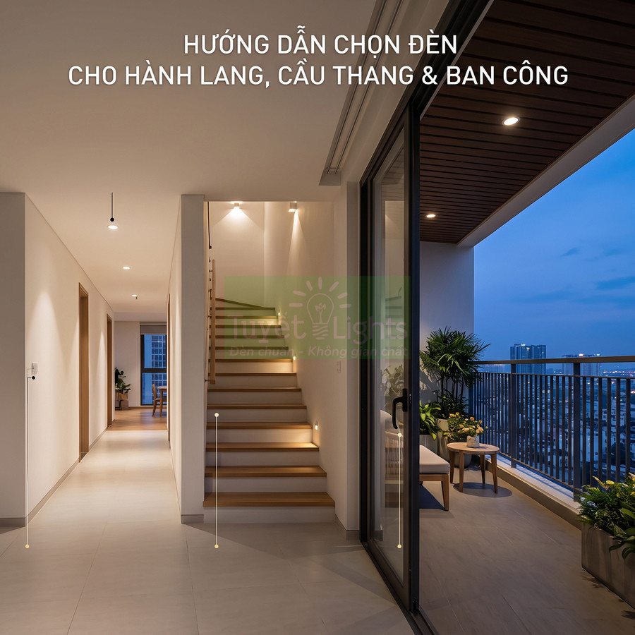 Đèn LED chiếu sáng hành lang, cầu thang và ban công căn hộ hiện đại vào buổi tối
