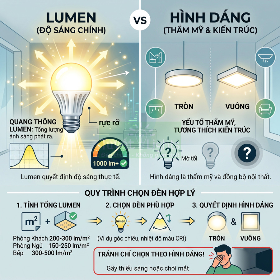 Infographic hướng dẫn chọn đèn LED theo lumen và hình dáng tròn vuông cho phòng khách phòng ngủ bếp