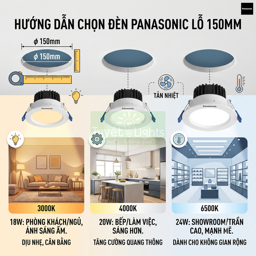 Hướng dẫn chọn đèn âm trần Panasonic lỗ 150mm với các mức công suất và nhiệt độ màu cho từng không gian