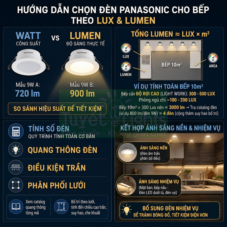 Hướng dẫn chọn đèn âm trần Panasonic cho bếp theo công suất watt và độ sáng lumen