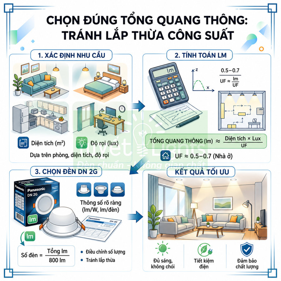 Hướng dẫn chọn đèn LED âm trần Panasonic DN 2G theo tổng quang thông để đủ sáng và tiết kiệm điện cho phòng ở