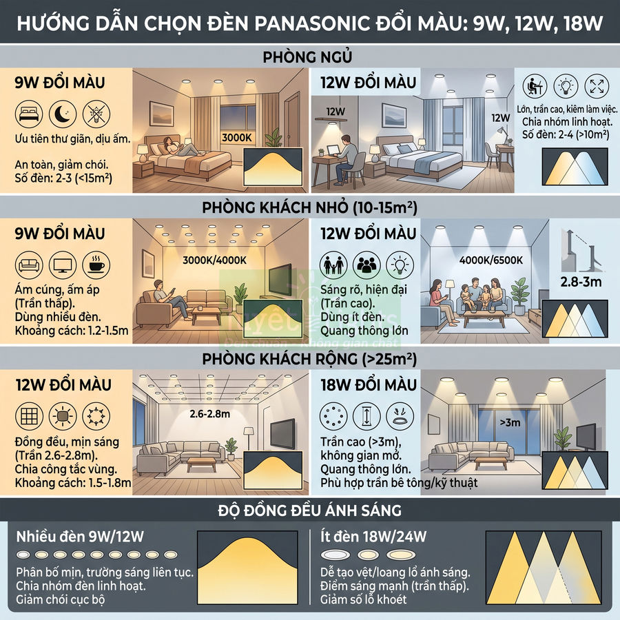Hướng dẫn chọn đèn Panasonic đổi màu 9W 12W 18W cho phòng ngủ và phòng khách theo diện tích và trần nhà
